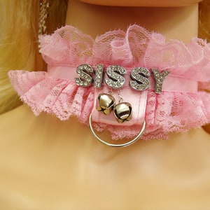 ANY Words, 5 Bell options, Any Size Personalized Locking Choker Pink Lace collar Leash