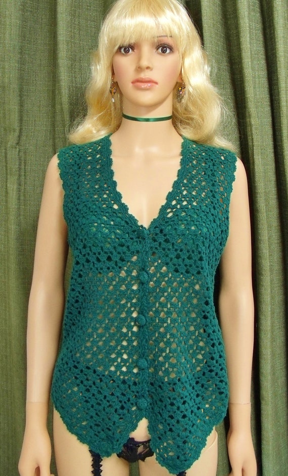 Vintage Green Crochet Vest Medium Large 1970s 198… - image 7