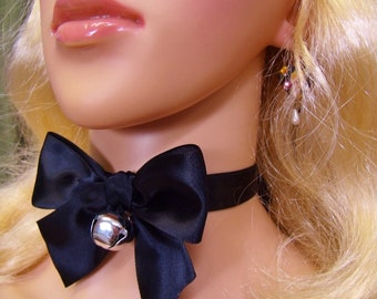Any Size - 7 Bell options - Choker Black Satin Bow Tie Collar