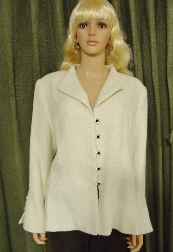 Vintage Ivory White Boucle Jacket Large 1950s 196… - image 1