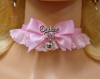 Any Size - 5 Bell options - Choker Pink Lace Daddys Girl DDLG Kitten