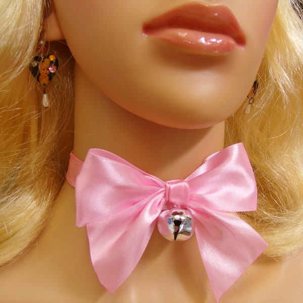 Any Siz - 7 Bell options - Pink Choker Bow Tie Bell collar