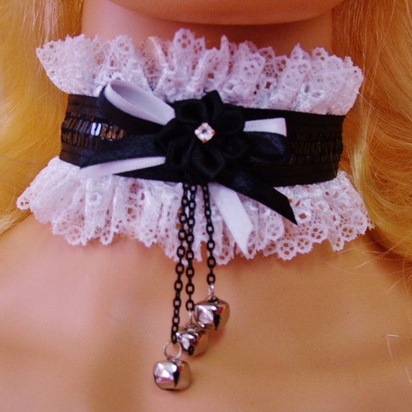 Any Size Choker Collar Locking Black White Lace Bells French Maid