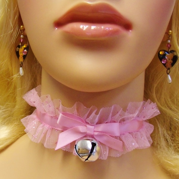 Any Size Glitter - 5 Bell options - Choker Collar Pink Lace