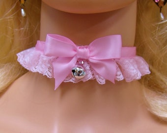 Any Size - 6 Bell options - Choker Collar Pink Lace Locking Sissy