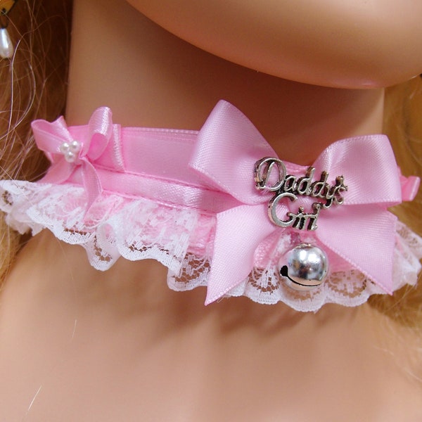 All Sizes - 5 Bell options - Daddy's Girl Choker Pink Lace Lock collar