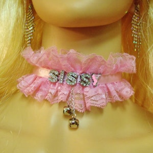 ANY Words, 5 Bell options, Any Size Personalized Choker Pink Lace LOCK collar