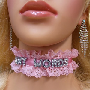 ANY Words, 5 Bell options, Any Size Personalized Choker Pink Lace LOCK collar