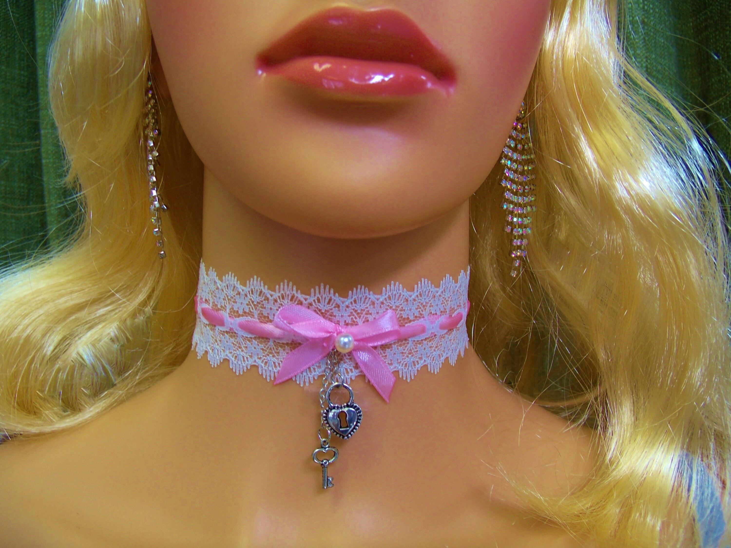 All Sizes Choker Lock and Key White Lace Pink Satin Optional Etsy