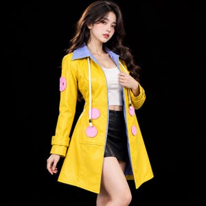 May include: A bright yellow trench coat featuring a light blue collar and interior lining, accented with circular pink patches on the sleeves and front. The coat includes white drawstring cords and long sleeves with buckled cuffs.