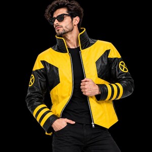 Gelb-schwarze Lederjacke im Cyclops-Stil, Superhelden-Cosplay-Kostüm für Herren, Bikerjacke im Comic-Stil, Outfit für Conventions, Geschenk für Gamer