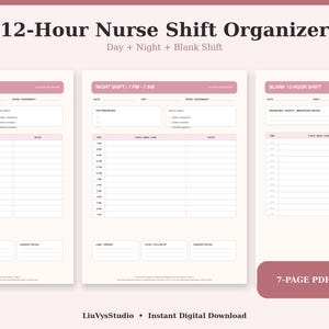 Op de afbeelding: Een 12-uurs verpleegkundige dienstplanner digitale set met drie verschillende paginalay-outs voor dag-, nacht- en blanco diensten. De documenten zijn uitgevoerd in een zachtroze en wit kleurenschema met secties voor taken, notities en prioriteiten.