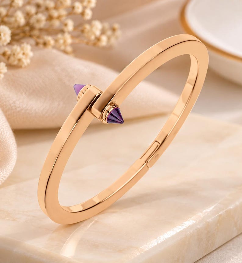 Cone Shape Red Roses 18K Rose Gold Rhodolite Bangle: Modern Red Gemstone Bracelet (5.5 Inch ...
