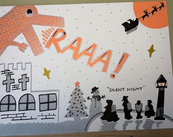 Acrylic Painted Godzilla Wall Art: Dinosaur Cityscape (15x12 inch) Orange silver
