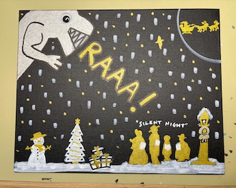 Acrylic Painted Christmas Godzilla Wall Art: Monster Art Panel (10x8 inch)