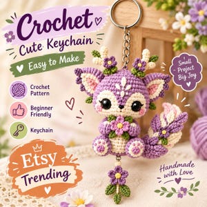 Puede incluir: Un llavero de ganchillo con una criatura morada y crema con grandes ojos negros, detalles florales y astas. El texto incluye Crochet Cute Keychain, Easy to Make, Crochet Pattern, Beginner Friendly, Keychain, Etsy Trending y Small Project Big Joy.