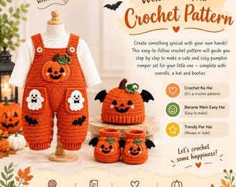 Puede incluir: Un patrón de ganchillo para un conjunto de pelele de bebé con temática de calabaza, que incluye un peto naranja con apliques de calabaza y fantasma, un gorro de calabaza con alas de murciélago y patucos de calabaza a juego.