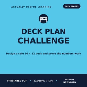 Może przedstawiać: Jasnoniebieski dokument cyfrowy zatytułowany DECK PLAN CHALLENGE z tekstem ACTUALLY USEFUL LEARNING oraz TEEN TRADES. Zawiera ikonę tarasu i instrukcje projektowania tarasu 10 x 12. Na dole znajduje się napis PRINTABLE PDF, CARPENTRY + MATH.