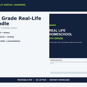 May include: An 8th Grade Real-Life Bundle educational document featuring 85 pages and 8 projects. Text includes Actually Useful Learning, Math + money, Research + writing, Life skills + presentations, Real Life Homeschool 8th Grade, and Starter Challenge.