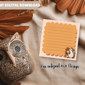 May include: A square notepad with a scalloped orange border on a light background, featuring horizontal lines and a graphic of a ghost, sunflowers, and pumpkins. The text reads INSTANT DIGITAL DOWNLOAD and One notepad 4x4 Design.