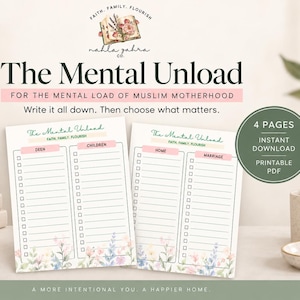 Könnte beinhalten: Ein druckbarer PDF-Planer mit dem Titel The Mental Unload für die mentale Belastung muslimischer Mutterschaft. Er enthält zwei Seiten mit Checklisten für Deen, Children, Home und Marriage, verziert mit Blumenillustrationen und dem Text Faith, Family, Flourish.