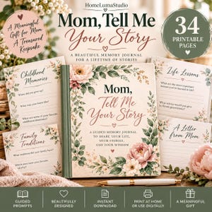May include: A guided memory journal titled Mom, Tell Me Your Story, featuring floral illustrations and 34 printable pages. The set includes prompt cards for childhood memories, family traditions, life lessons, and letters, accompanied by a pen.