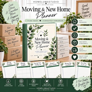 May include: A Moving & New Home Planner binder with a green and white cover featuring leaf illustrations and the text Moving & New Home Planner. Includes stacked boxes labeled New Beginnings, Same People New Memories, and A Brighter Home Awaits.