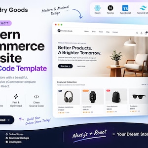 May include: A digital product display for a Modern Ecommerce Website Source Code Template built with Next.js and React. The graphic shows a desktop and mobile interface for Foundry Goods, featuring product listings, icons, and technical stack labels.