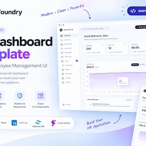Puede incluir: Una plantilla de panel de control de RR. HH. digital para Next.js y React con una interfaz de usuario limpia, métricas de gestión de empleados, gráficos analíticos y menús de navegación. El diseño incluye etiquetas de texto como DevFoundry, HR Dashboard Template y Modern Employee Management UI con iconos para varias herramientas de software.
