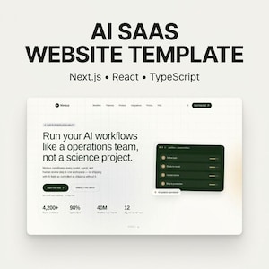 May include: An AI SaaS website template featuring the text AI SAAS WEBSITE TEMPLATE, Next.js, React, TypeScript, and a landing page for Nimbus. The interface displays a grid background, navigation menu, call-to-action buttons, and data metrics.
