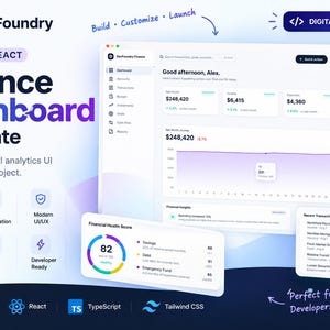 Puede incluir: Una plantilla de panel financiero digital con el logotipo de DevFoundry, la marca Next.js y React, y una interfaz de usuario que muestra análisis financieros, una puntuación de salud y transacciones recientes.