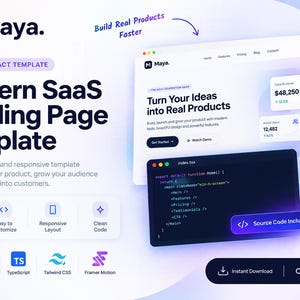 Op de afbeelding: Een digitale landingspaginatemplate voor SaaS-producten genaamd Maya, met een website-interface met gegevensgrafieken, een code-editorvenster met index.tsx en pictogrammen voor Next.js, React, TypeScript, Tailwind CSS en Framer Motion.