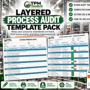 May include: A Layered Process Audit Template Pack featuring a blank audit form, a completed example, an action log, and a dashboard. The documents include text such as Layered Process Audit, Action Log, and How-To-Use Guide with green and red status indicators.
