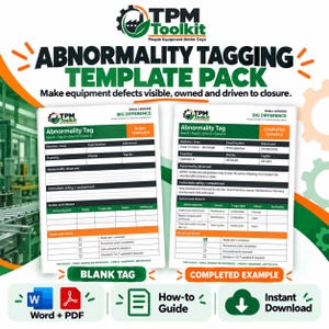 May include: A TPM Toolkit Abnormality Tagging Template Pack featuring a blank tag and a completed example. The documents include fields for machine area, location, date, priority, and action steps. Icons for Word, PDF, and a download button are included.