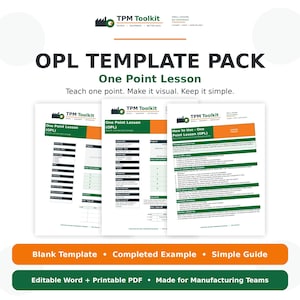 May include: A digital OPL Template Pack featuring three white documents with green and orange accents. The pages include a blank One Point Lesson template, a completed example, and a guide titled How to Use - One Point Lesson. Text includes TPM Toolkit, Teach one point. Make it visual. Keep it simple. Blank Template, Completed Example, Simple Guide, and Editable Word + Printable PDF.