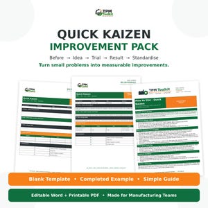 May include: A Quick Kaizen Improvement Pack featuring three documents: a blank template, a completed example, and a guide. The text includes 'Before -> Idea -> Trial -> Result -> Standardise' and 'Turn small problems into measurable improvements.'