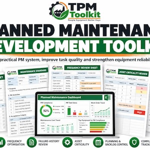 Puede incluir: Un kit de herramientas digital titulado TPM Toolkit Planned Maintenance Development Toolkit con más de 40 archivos en formatos Word, Excel y PDF. La imagen muestra un panel de control, hojas de tareas, estándares de mantenimiento y revisiones de criticidad.