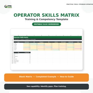 May include: An Operator Skills Matrix training and competency template in an editable XLSX workbook format. The document features a spreadsheet grid with rows for names and columns for skills, including a blank matrix, example, and guide.
