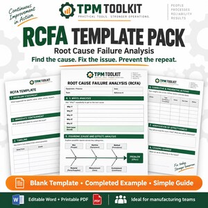 Może przedstawiać: Pakiet szablonów RCFA TPM Toolkit do analizy przyczyn źródłowych awarii. Zestaw zawiera puste szablony, wypełnione przykłady oraz przewodnik z sekcjami dotyczącymi opisu problemu, analizy 5 Whys i diagramu rybiej ości w formatach Word i PDF.
