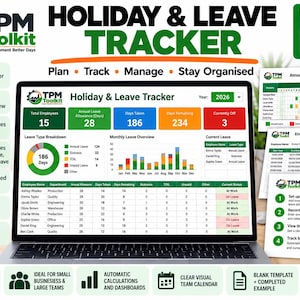 May include: A digital holiday and leave tracker template for Excel and Word displayed on a laptop screen. The dashboard features colourful charts, tables, and data summaries for tracking employee leave, annual allowances, and monthly leave overviews.