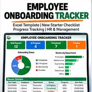 Könnte beinhalten: Eine Excel-Vorlage zur Mitarbeiter-Onboarding-Nachverfolgung auf einem Bildschirm. Das Dashboard enthält eine Statusübersicht, ein Kreisdiagramm zum Onboarding-Status, ein Balkendiagramm nach Abteilungen und eine Tabelle neuer Mitarbeiter.