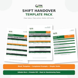 Puede incluir: Un paquete de plantillas de traspaso de turno con tres documentos blancos con encabezados verdes y naranjas. El texto dice Shift Handover Template Pack, Clear status. Clear actions. Better shift starts. Incluye una plantilla, un ejemplo y una guía.