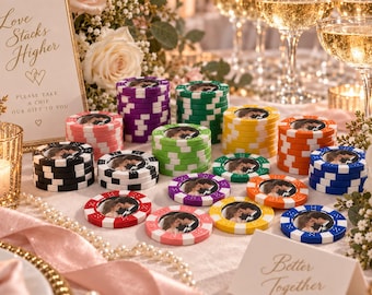 Custom Wedding Poker Chips: Personalized Photo Favors for Reception Tables and Guest Keepsakes
