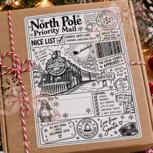 May include: A brown cardboard box featuring a North Pole Priority Mail shipping label with a black and white illustration of a steam train, a barcode, and text including Nice List, The Polar Express, and Love from Santa, tied with red and white twine.
