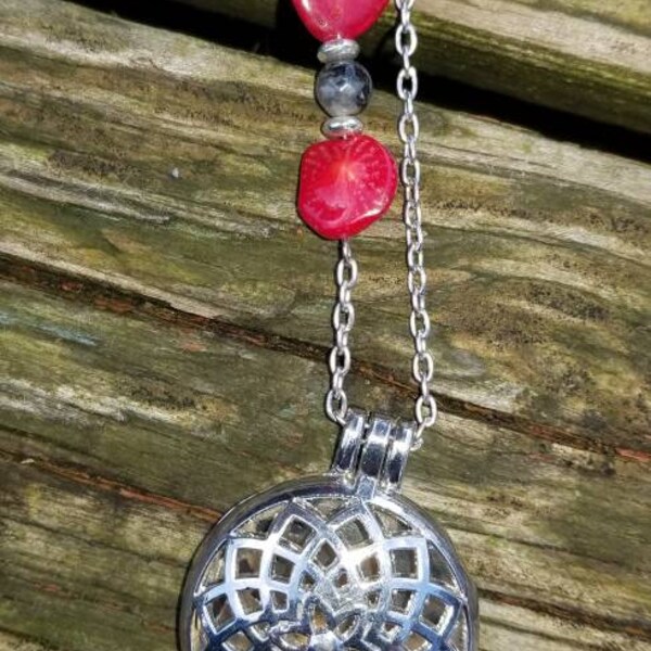 SilverEssential Oil Diffuser Necklace with Red Coral and Gray Larvakite Beads