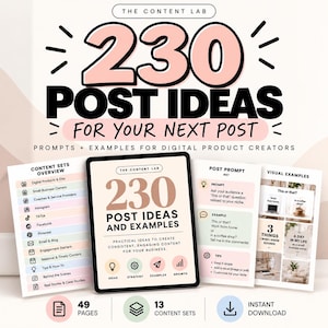 Könnte beinhalten: Ein digitaler Produktleitfaden mit dem Titel 230 Post Ideas for Your Next Post, bestehend aus einer zentralen Tablet-Anzeige, einer Inhaltsübersicht, einer Seite mit Beitragsvorschlägen und visuellen Beispielen in Pastelltönen mit schwarzem Text.