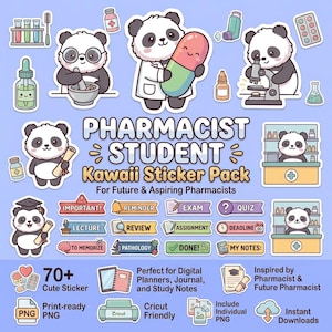 May include: A digital sticker pack featuring panda characters in pharmacy-themed settings, including lab equipment, medicine, and study labels. The text reads PHARMACIST STUDENT Kawaii Sticker Pack, 70+ Cute Sticker, Perfect for Digital Planners, Journal, and Study Notes, Inspired by Pharmacist & Future Pharmacist, Print-ready PNG, Cricut Friendly, Include Individual PNG, and Instant Downloads.