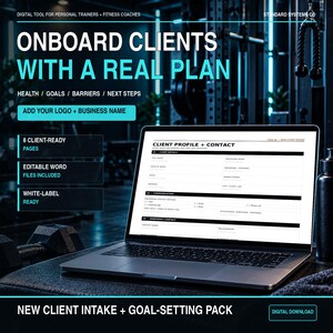Może przedstawiać: Laptop wyświetlający formularz profilu i kontaktu klienta dla trenerów personalnych. Tekst zawiera ONBOARD CLIENTS WITH A REAL PLAN, 8 CLIENT-READY PAGES, EDITABLE WORD FILES INCLUDED, WHITE-LABEL READY oraz NEW CLIENT INTAKE + GOAL-SETTING PACK.