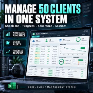 Könnte beinhalten: Ein Laptop zeigt ein Excel-Dashboard zur Kundenverwaltung mit Datentabellen, Diagrammen und Metriken. Textüberlagerungen lauten: MANAGE 50 CLIENTS IN ONE SYSTEM, Check-Ins, Progress, Adherence, Sessions, AUTOMATIC ADHERENCE, CLIENT ALERTS, PROGRESS TRACKING.
