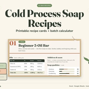 Può includere: Una guida digitale intitolata Cold Process Soap Recipes con una scheda ricetta stampabile per un sapone base a 3 oli. La scheda elenca olio di oliva, cocco e ricino con misurazioni in grammi e indicatori relativi alla qualità del sapone.